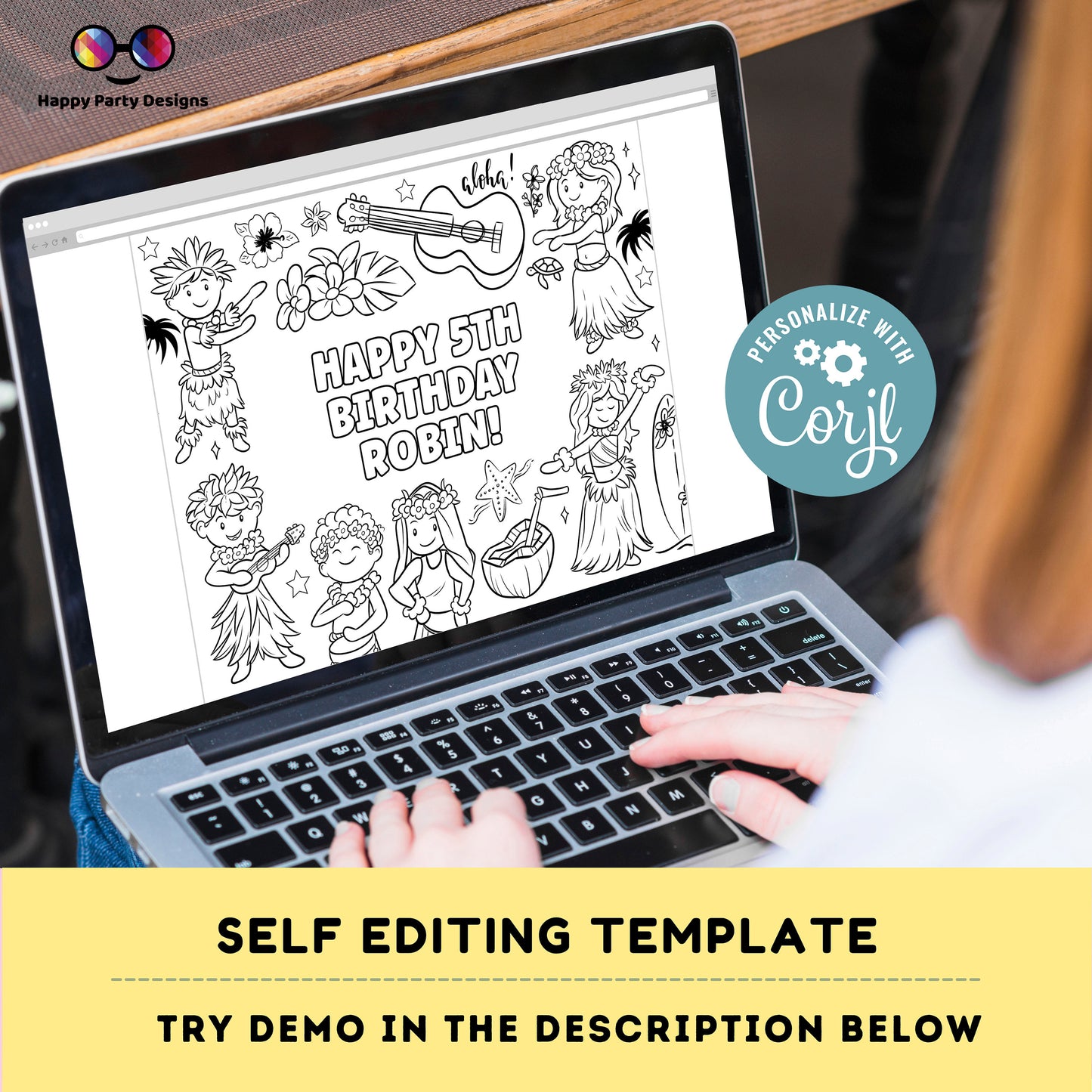 Editable Hawaiian party coloring page | Aloha placemat | Any Age | Beach birthday | Luau Party Coloring Pages | beach party kids #K222