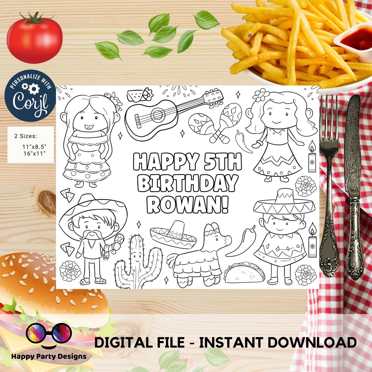 Editable Cinco de Mayo party coloring page | Mexican placemat | Any Age | Mexican birthday | Fiesta Coloring Pages | Mexican party #K295