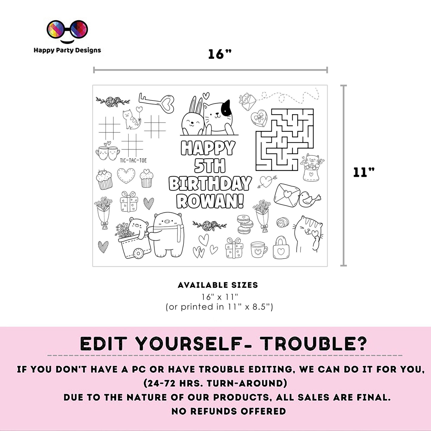 Editable cute animals coloring page | Valentine's | Any Age | Valentines Animals Birthday Party | Coloring page | Activity for kids #K298