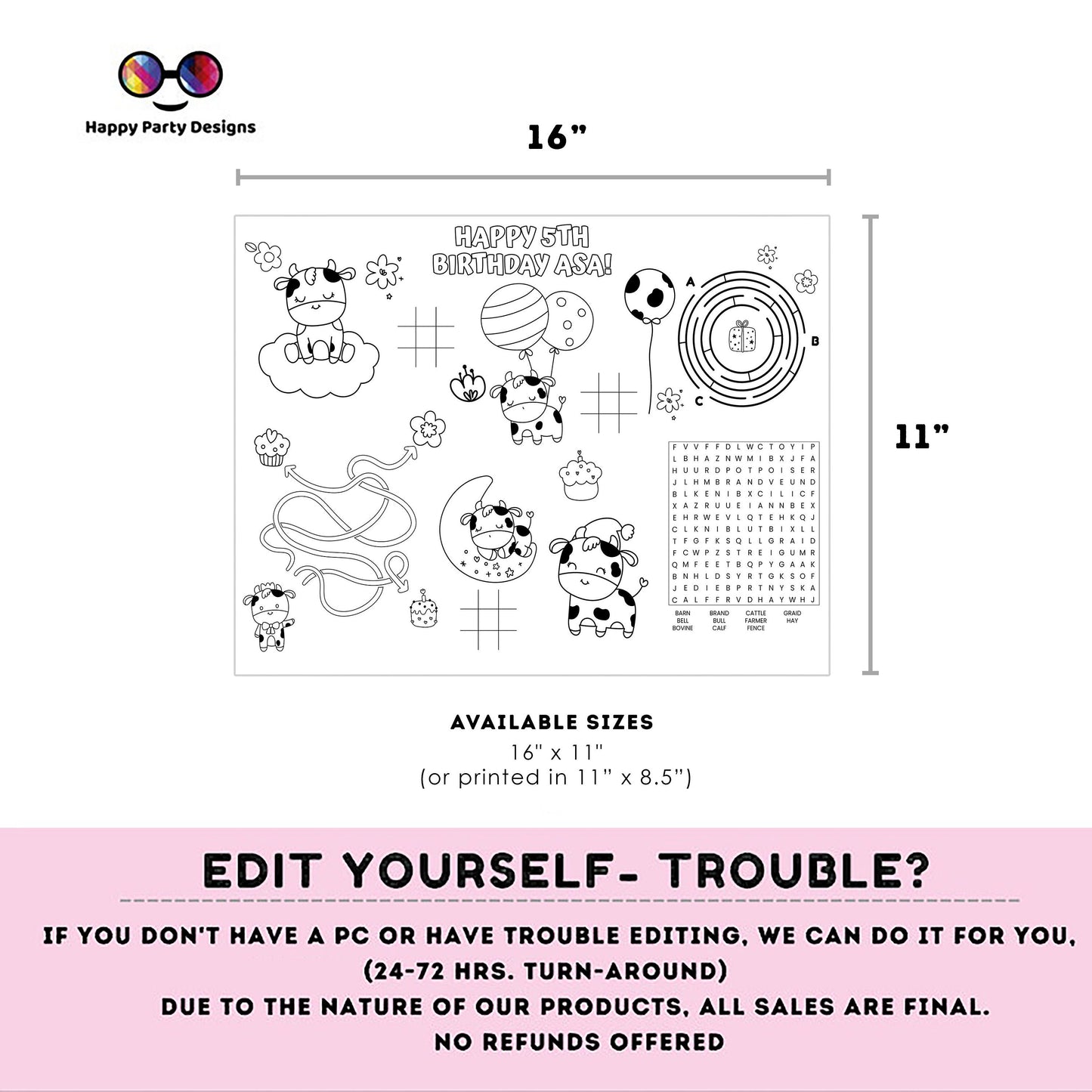 Editable Cow baby coloring page | First birthday | Any Age | baby elephant | Birthday Party | Baby shower | farm #K147