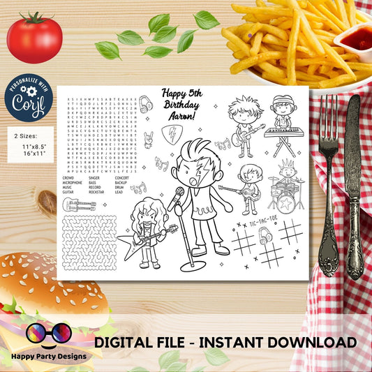 Editable Rockstar Birthday coloring page | Placemat coloring page | Any Age | Rock and Roll birthday party activity | bag filler #K262