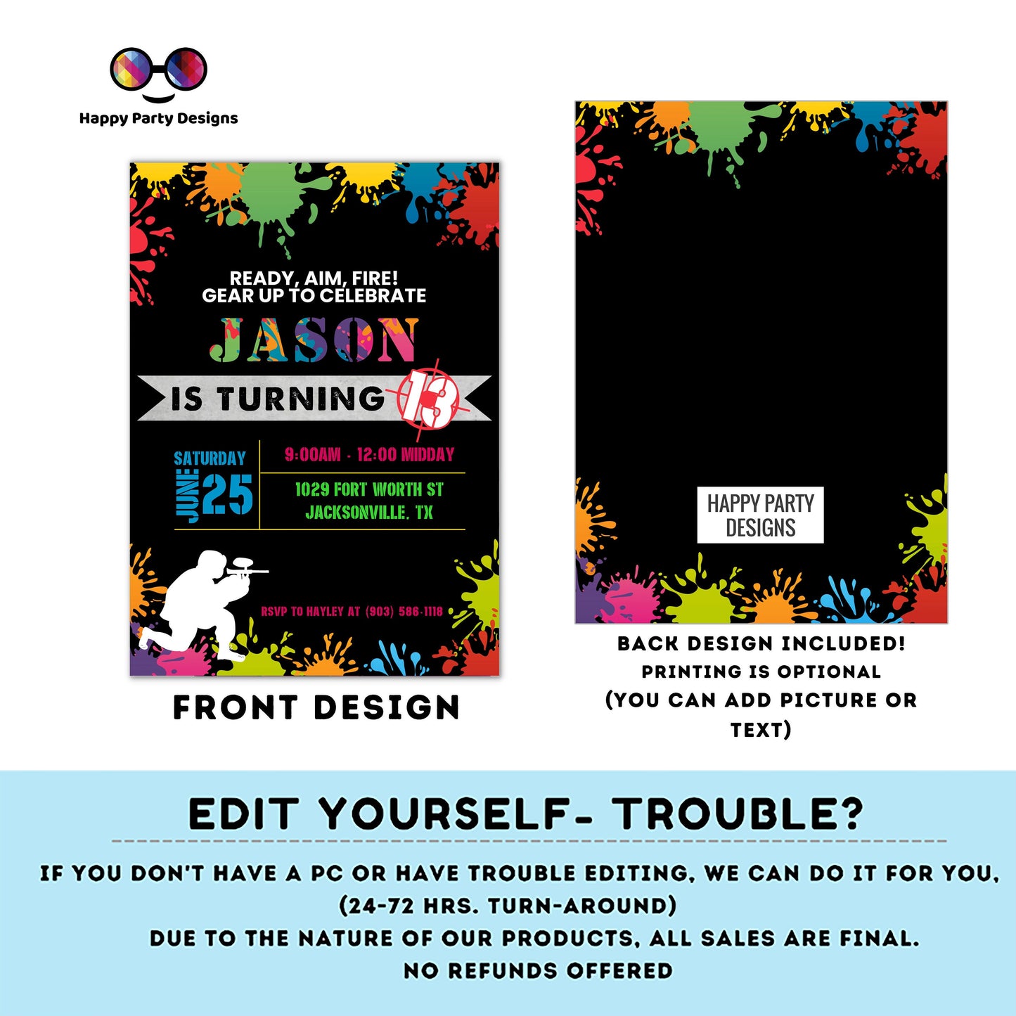 Kids Editable paintball Birthday Invitation Template | Printable Birthday paintball Party Invitations | Birthday boy paintball party #K303