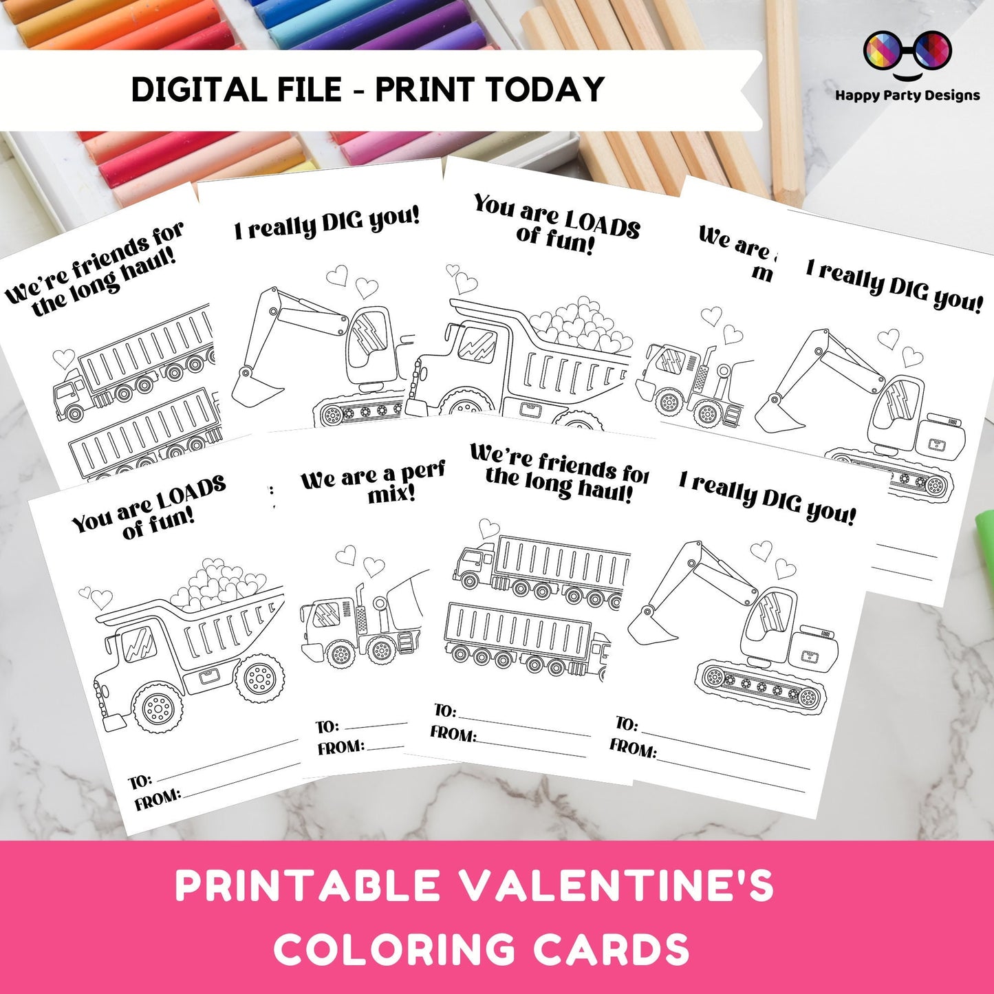 Valentines Printable Coloring Cards INSTANT DOWNLOAD| Valentines trucks Coloring Activity | Valentines activity Valentines for kids
