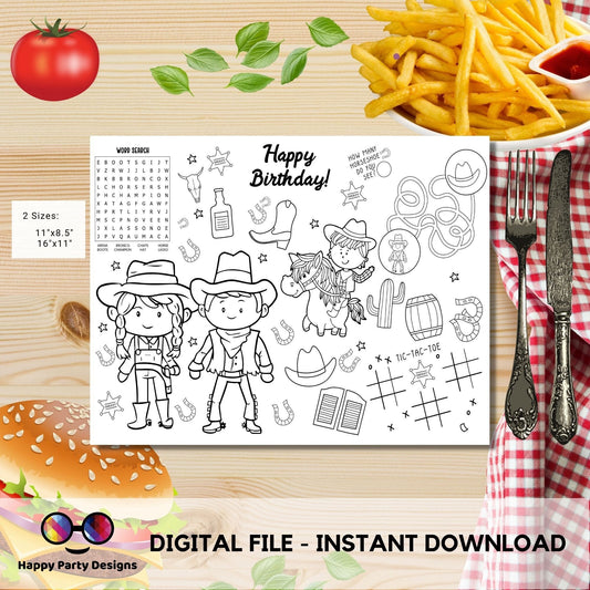 Instant download cowboys coloring page | Placemat coloring page | Any Age | Rodeo birthday | Party Activity | Loot Bag Party Favor #K292