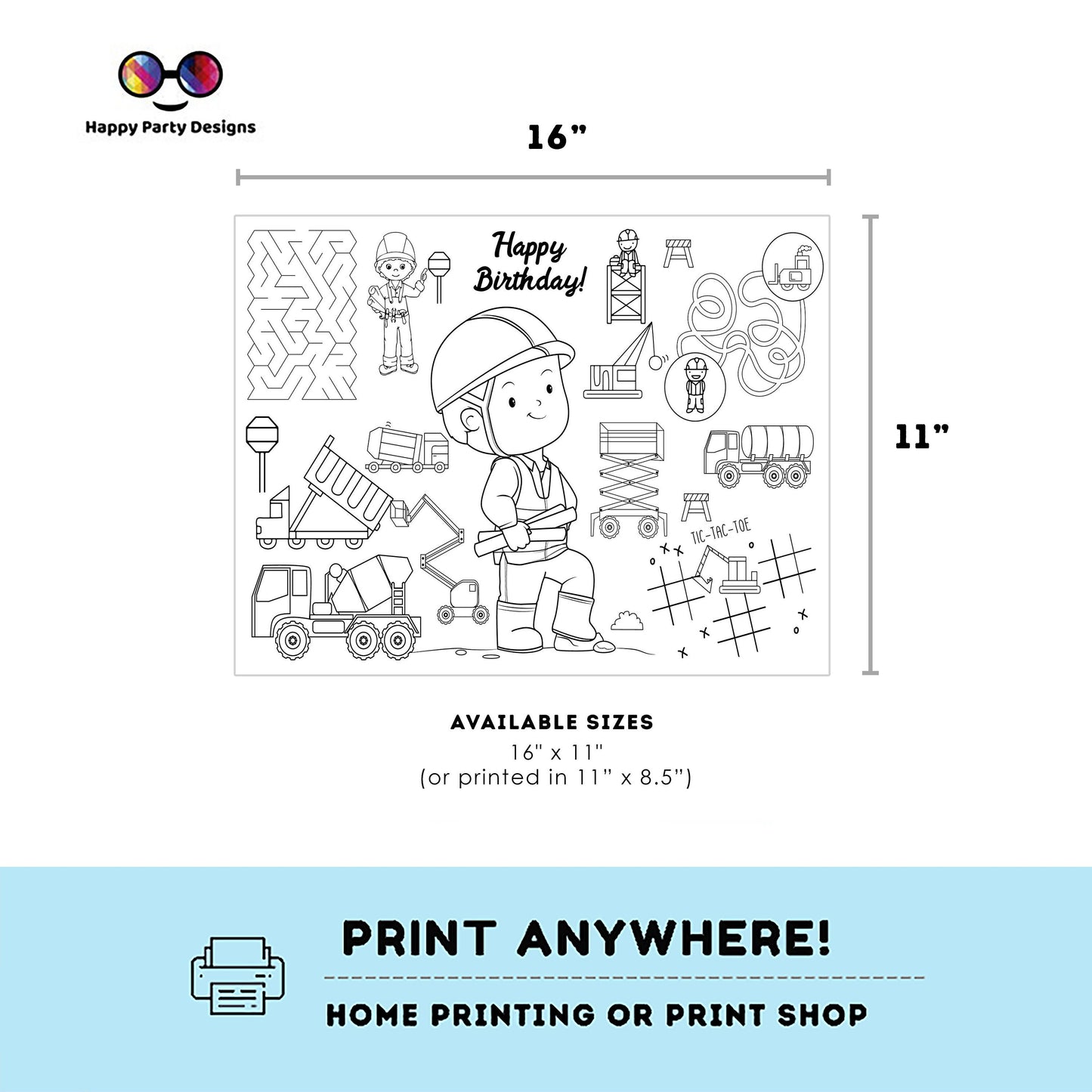 Instant download under construction coloring page | Placemat coloring page | Any Age | trucks | Party Activity | Loot Bag Party Favor