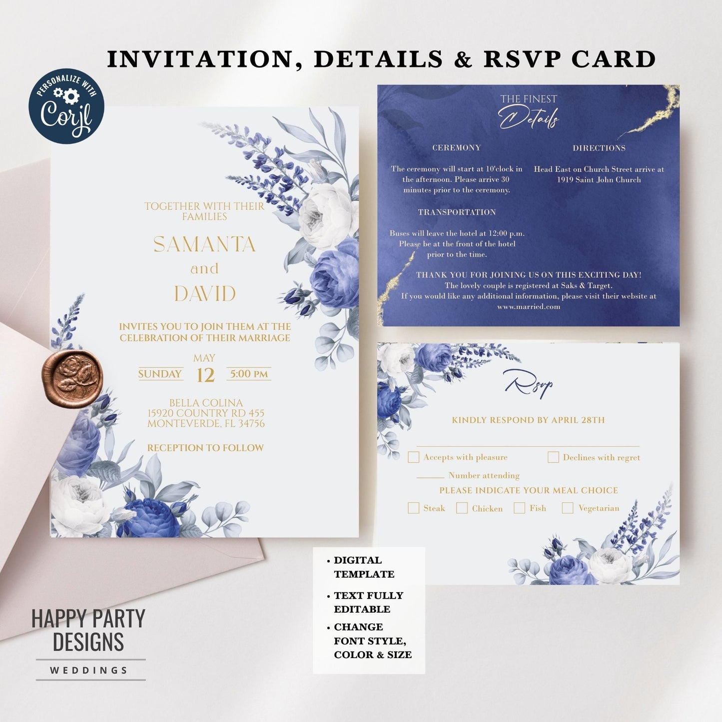 Editable Royal Blue Floral Invitation set | wedding invitation suite template | Navy floral Invitation bundle | details and RSVP #W24