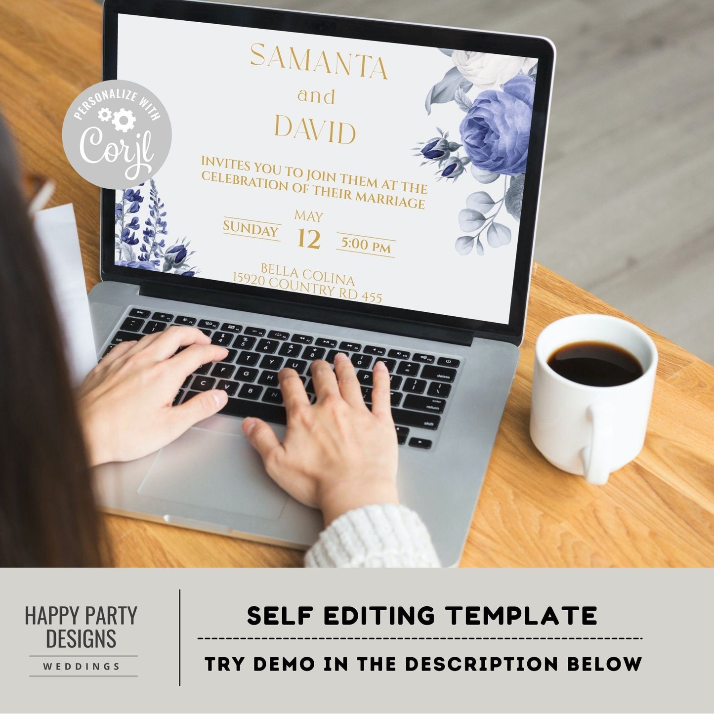 Editable Royal Blue Floral Invitation set | wedding invitation suite template | Navy floral Invitation bundle | details and RSVP #W24