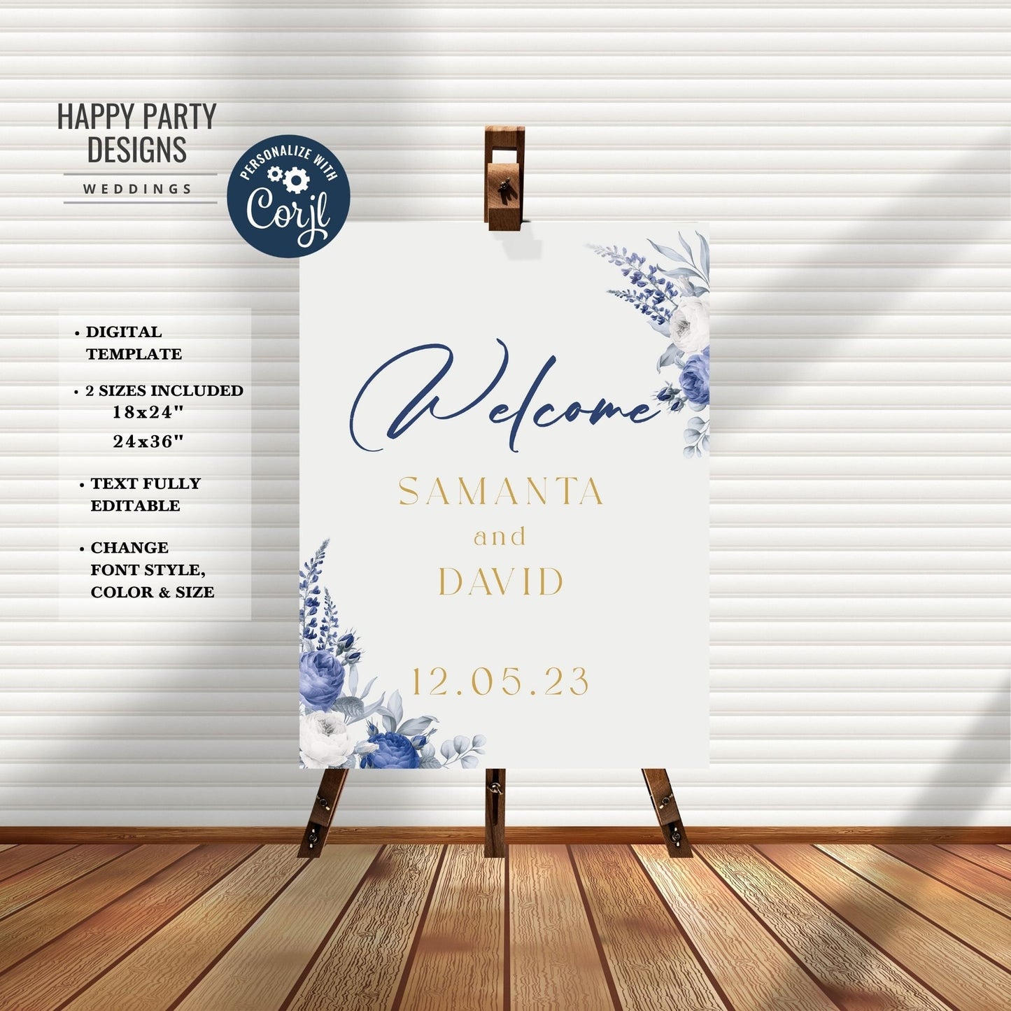 Editable Floral Welcome Sign | Royal wedding | wedding Decorations | welcome sign | floral Welcome Sign | Royal blue, Blue navy, white #W24