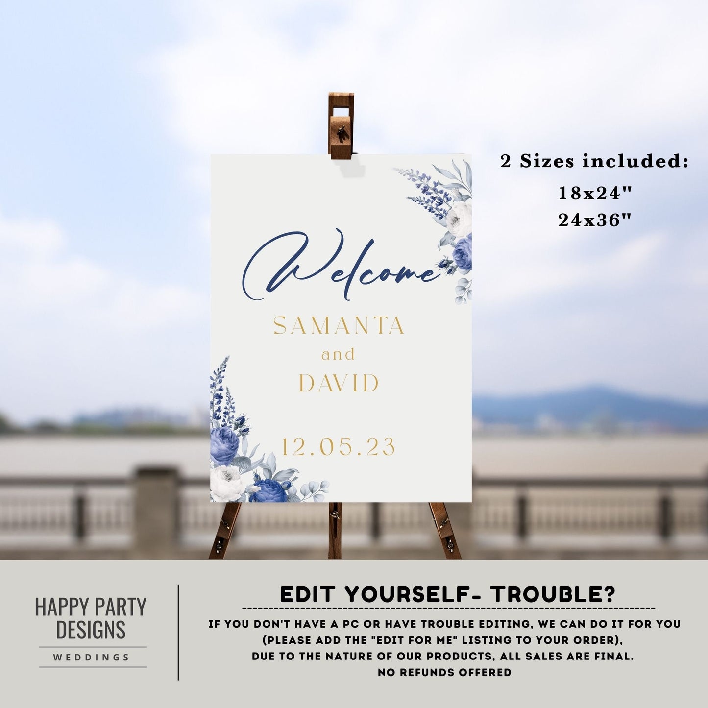 Editable Floral Welcome Sign | Royal wedding | wedding Decorations | welcome sign | floral Welcome Sign | Royal blue, Blue navy, white #W24