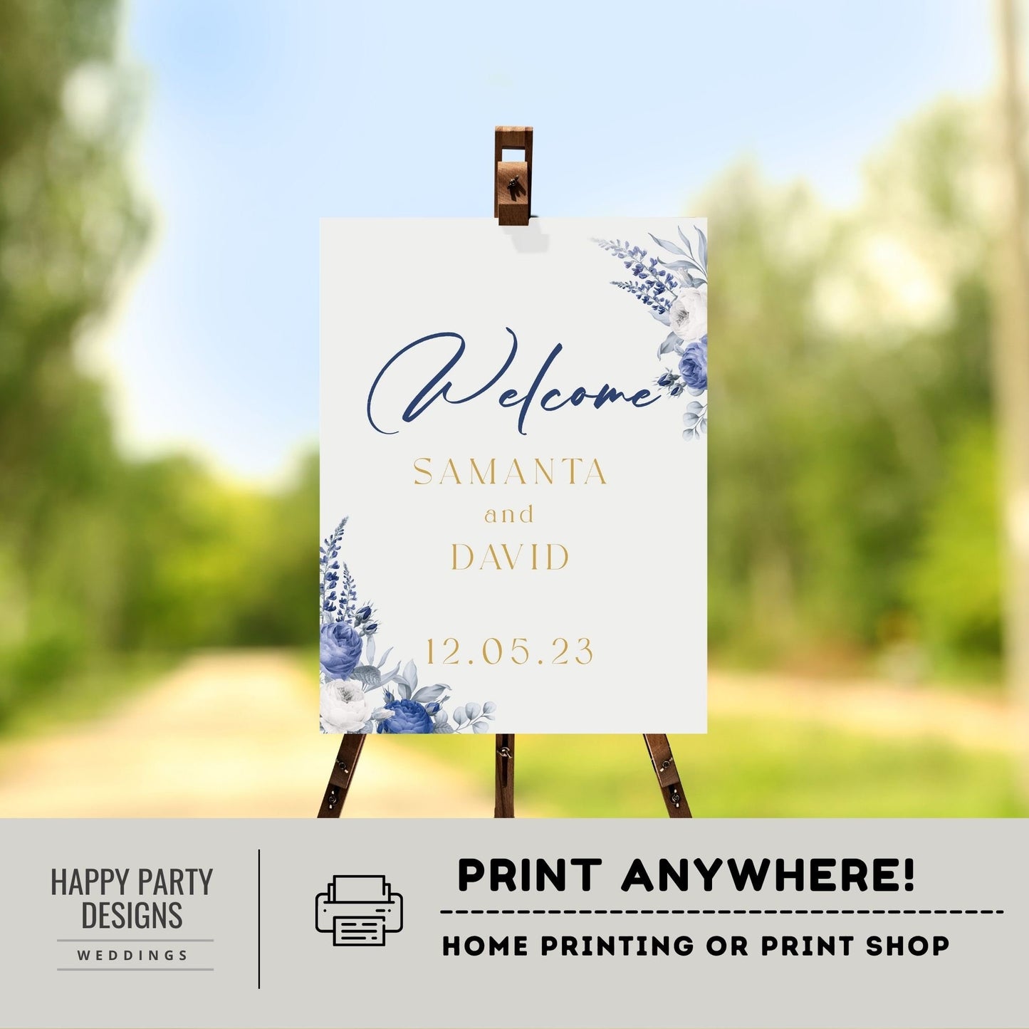 Editable Floral Welcome Sign | Royal wedding | wedding Decorations | welcome sign | floral Welcome Sign | Royal blue, Blue navy, white #W24