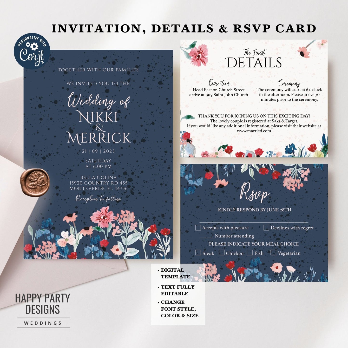 Editable Navy Blue Floral Invitation set | wedding invitation suite template | Navy floral Invitation bundle | details and RSVP #W25