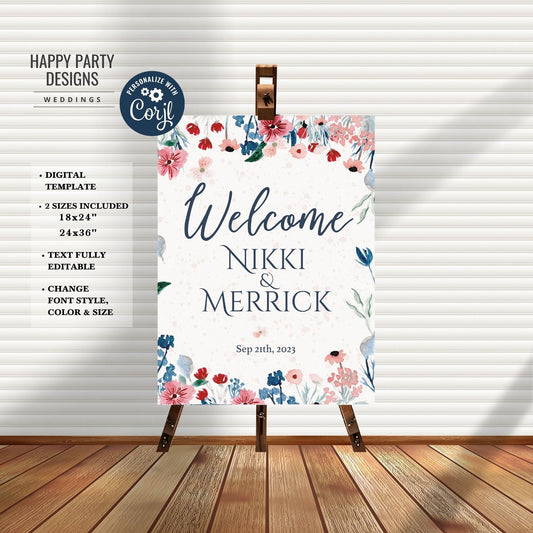 Editable Floral Welcome Sign | Royal wedding | wedding Decorations | welcome sign | floral Welcome Sign | Royal blue, Blue navy, white #W25