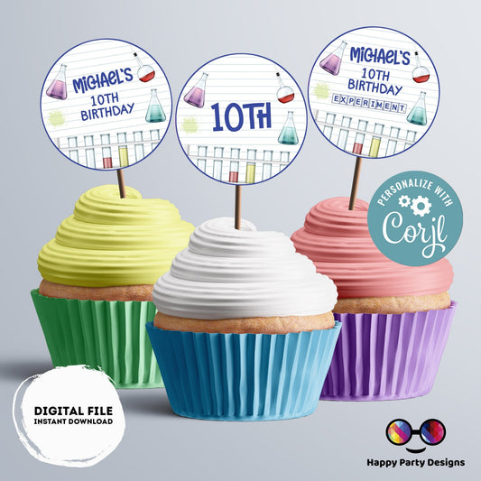 Editable Science Round cupcake toppers | science birthday | Science Birthday Party | science themed | Boy Birthday Party | stickers #K124