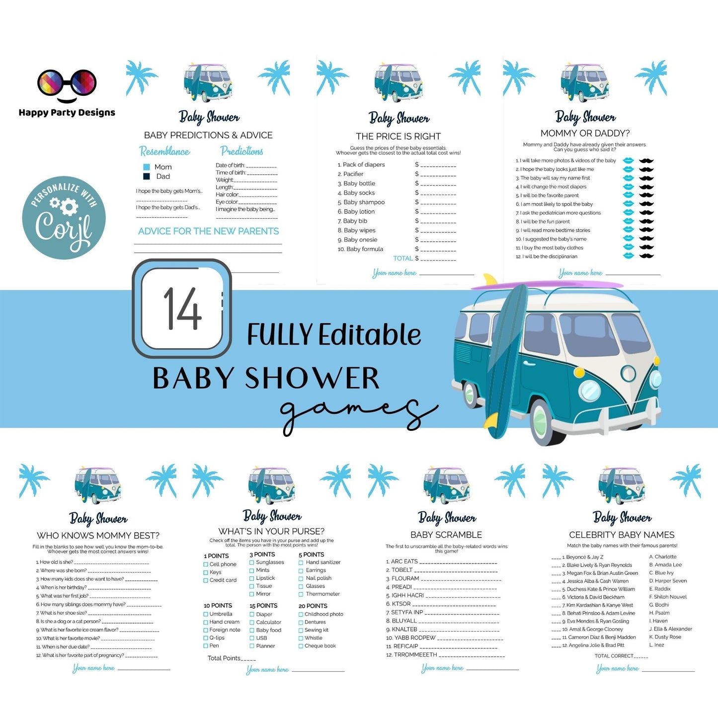 Editable baby on board games bundle | tropical baby shower games | Baby boy | summer shower | blue baby shower games | retro #B33