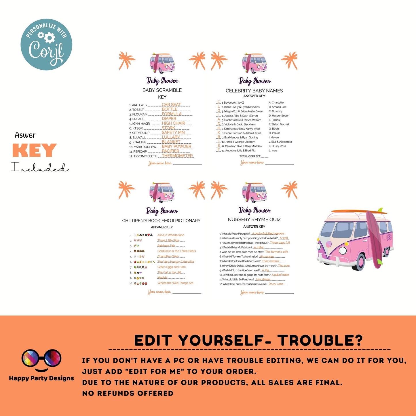 Editable baby on board games bundle | tropical baby shower games | Baby girl | summer shower | pink baby shower games | retro #B33