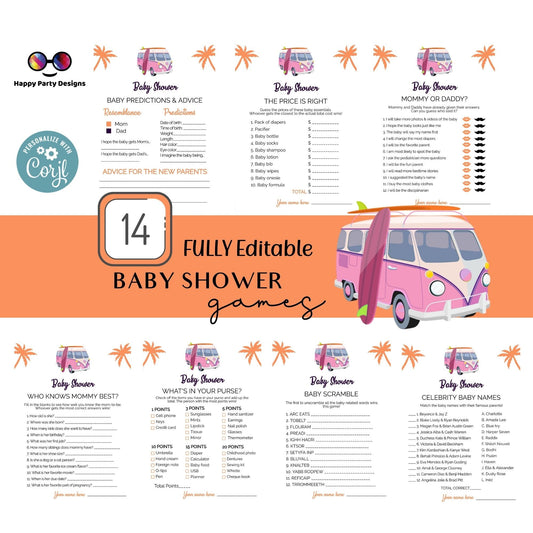 Editable baby on board games bundle | tropical baby shower games | Baby girl | summer shower | pink baby shower games | retro #B33