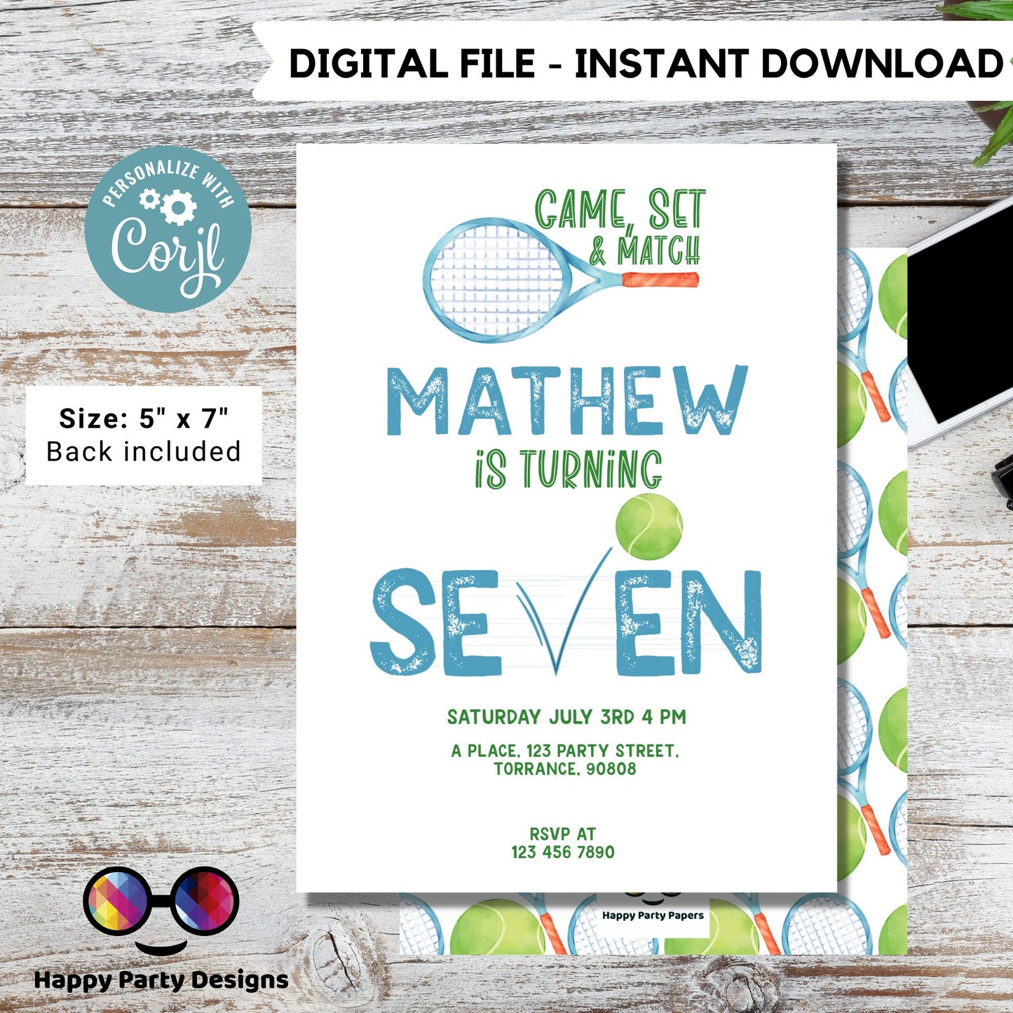 Tennis Birthday Invitation | Tennis Invitation | Tennis Birthday Party | Tennis Game Invitation | minimalist | 7th Birthday | Print #K256