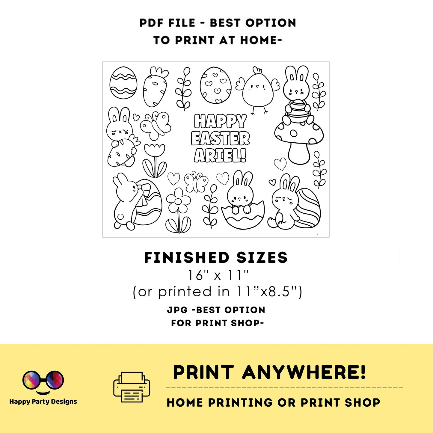 Editable Easter hunt coloring page | Easter bunny | text 100% editable | Easter activity page | Coloring page | Activity for kids #K305