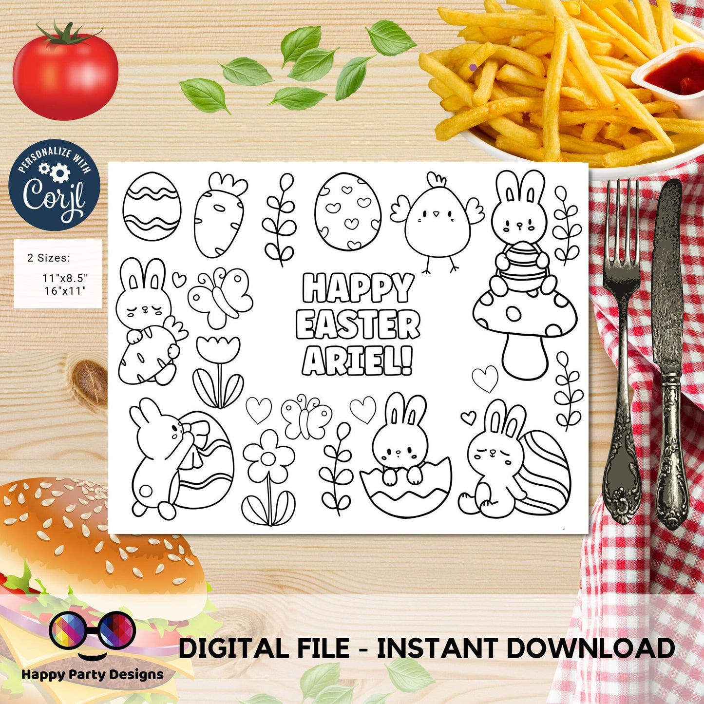 Editable Easter hunt coloring page | Easter bunny | text 100% editable | Easter activity page | Coloring page | Activity for kids #K305